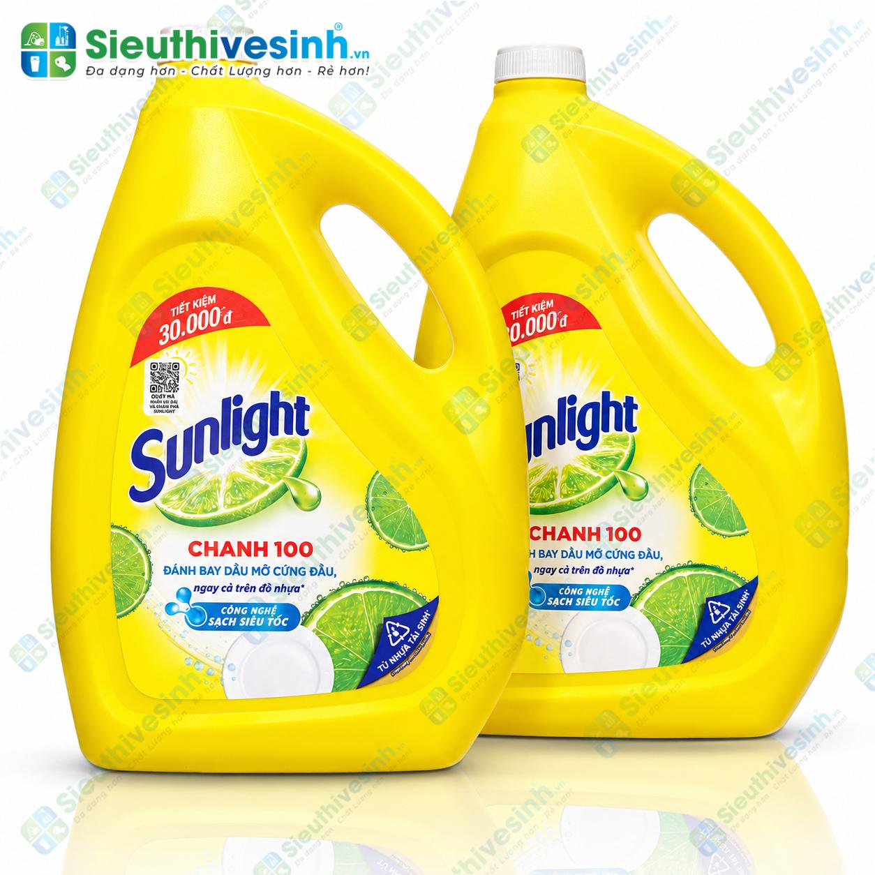 Nước rửa chén Sunlight Chanh 3.6kg dùng làm sạch chén đĩa, ly cốc và dụng cụ nhà bếp.