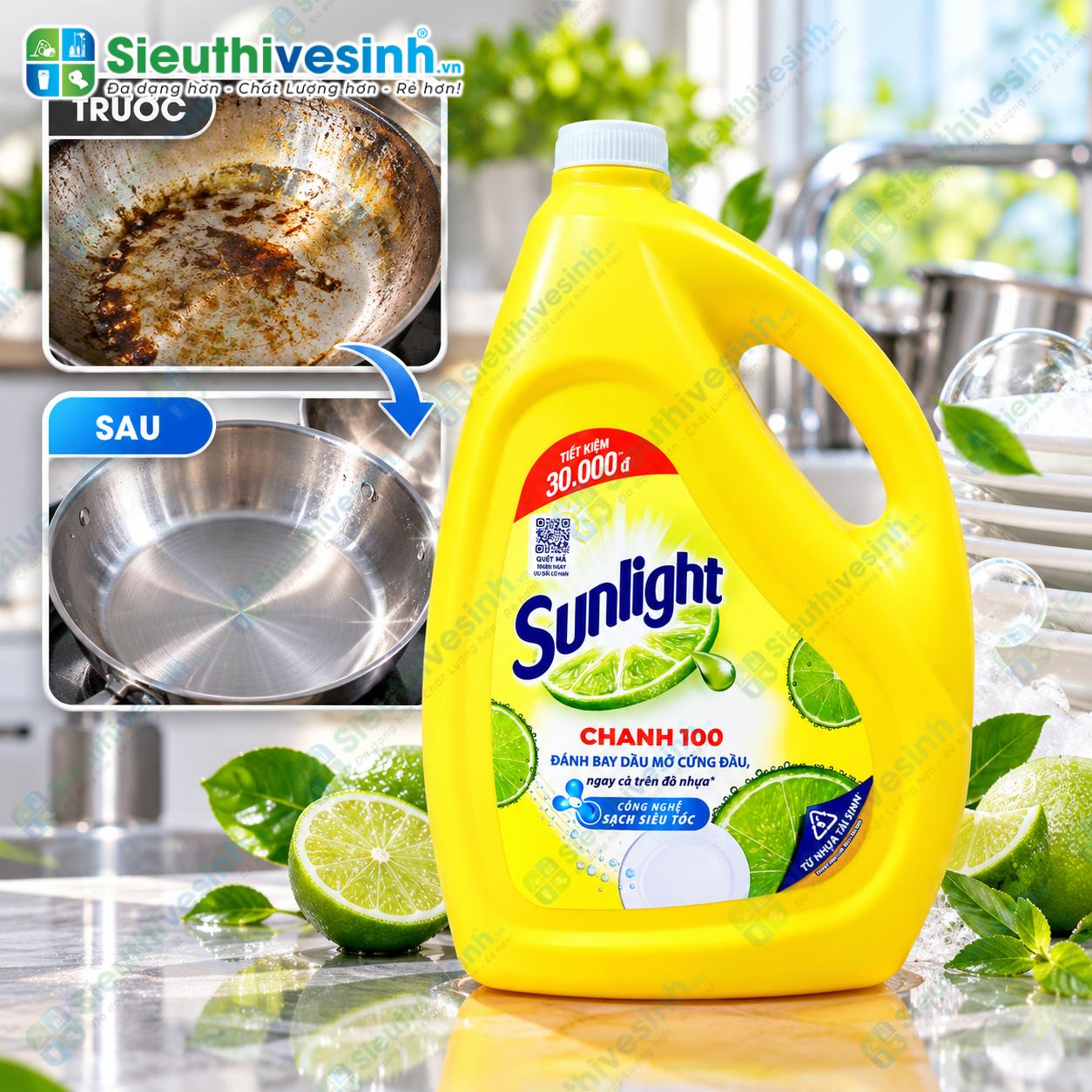 Nước rửa chén Sunlight Chanh 3.6kg dùng làm sạch chén đĩa, ly cốc và dụng cụ nhà bếp.