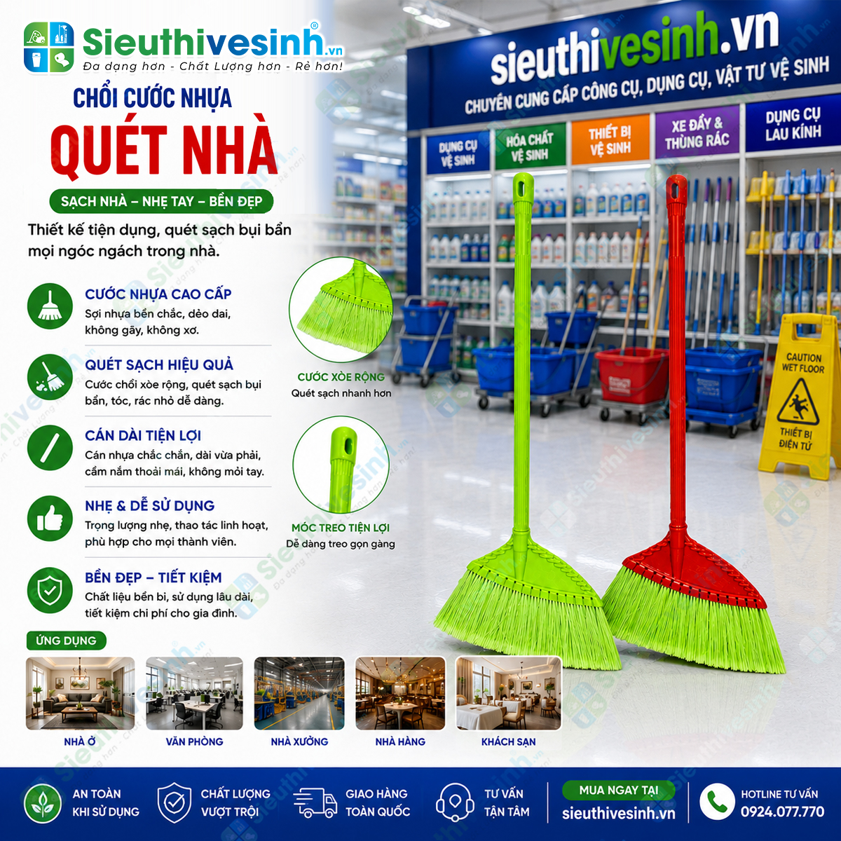 Chổi cước quét nhà cao cấp với lông cước dày, đàn hồi tốt giúp quét sạch bụi bẩn, tóc và rác vụn trên nhiều loại bề mặt