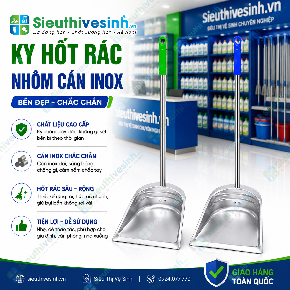 Ky rác cán nhôm giúp thu gom bụi và rác trên sàn thuận tiện, hạn chế cúi người khi vệ sinh.