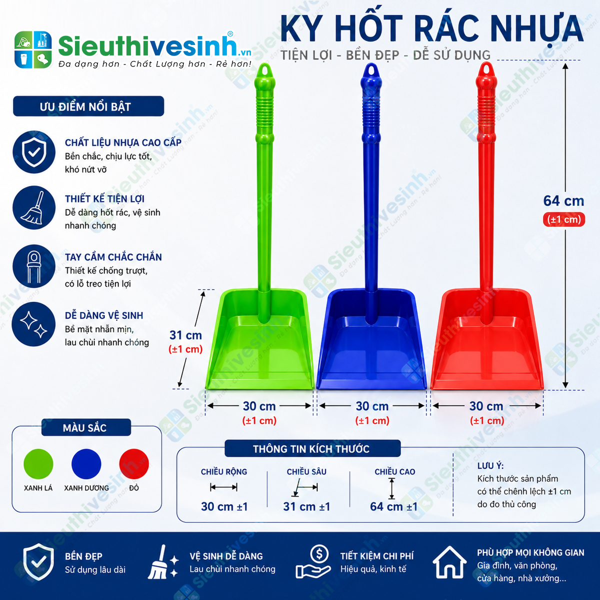 Ky hốt rác nhựa cán dài giúp thu gom bụi và rác nhanh chóng ở tư thế đứng, hạn chế cúi người trong quá trình vệ sinh.