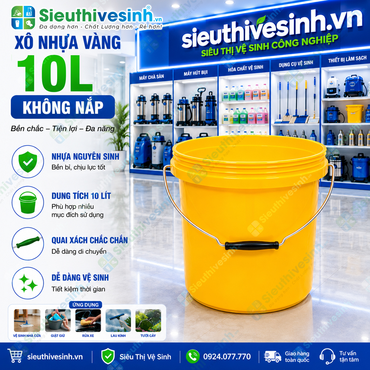 Xô nhựa vàng 10L không nắp được làm từ nhựa PP cao cấp, bền chắc, phù hợp sử dụng trong gia đình và vệ sinh công nghiệp.