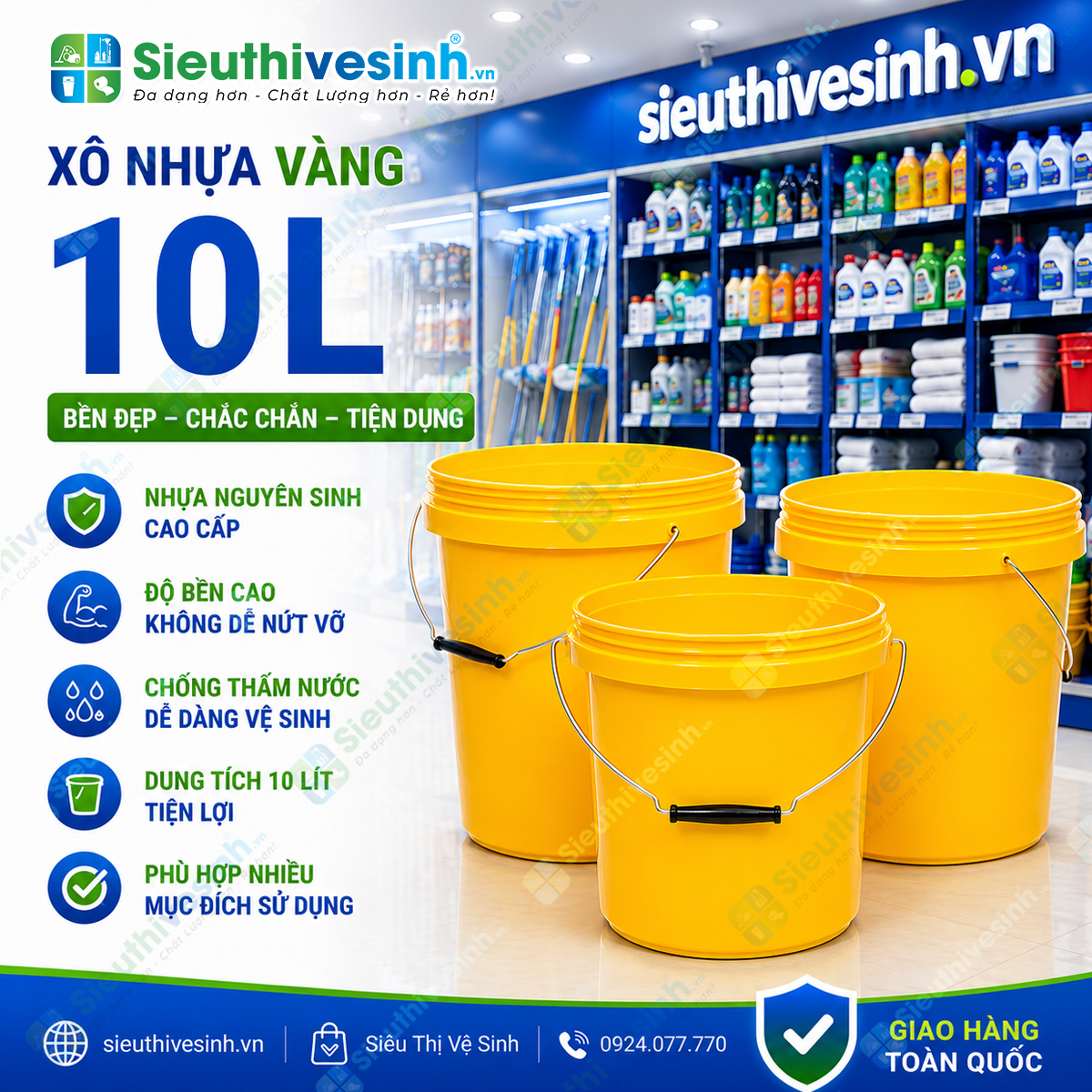Xô nhựa vàng 10L không nắp được làm từ nhựa PP cao cấp, bền chắc, phù hợp sử dụng trong gia đình và vệ sinh công nghiệp.