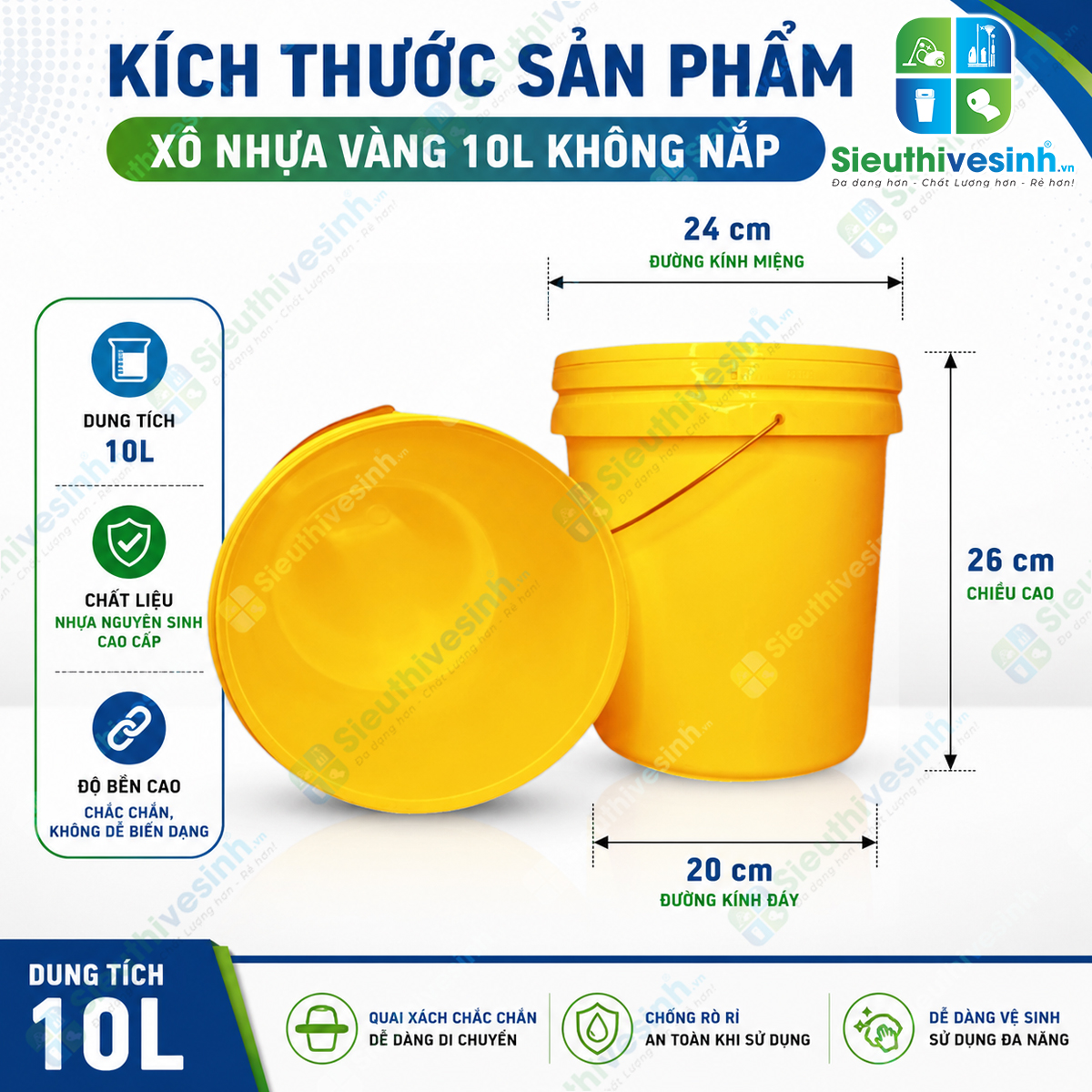 Xô nhựa vàng 10L không nắp được làm từ nhựa PP cao cấp, bền chắc, phù hợp sử dụng trong gia đình và vệ sinh công nghiệp.