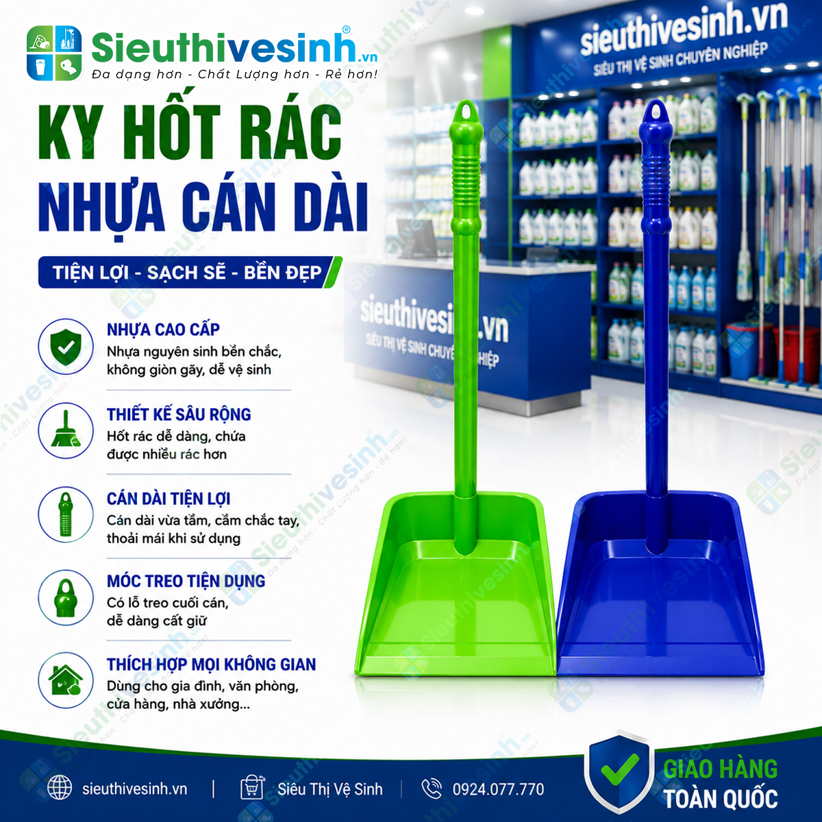 Ky hốt rác nhựa cán dài giúp thu gom bụi và rác nhanh chóng ở tư thế đứng, hạn chế cúi người trong quá trình vệ sinh.