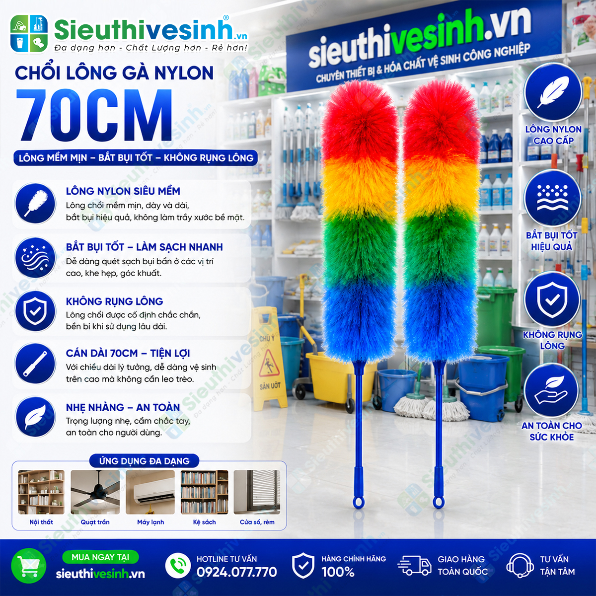 Chổi quét bụi 70cm với lông mềm, dày giúp làm sạch bụi bẩn, mạng nhện trên trần nhà, quạt trần và nhiều vị trí trên cao.