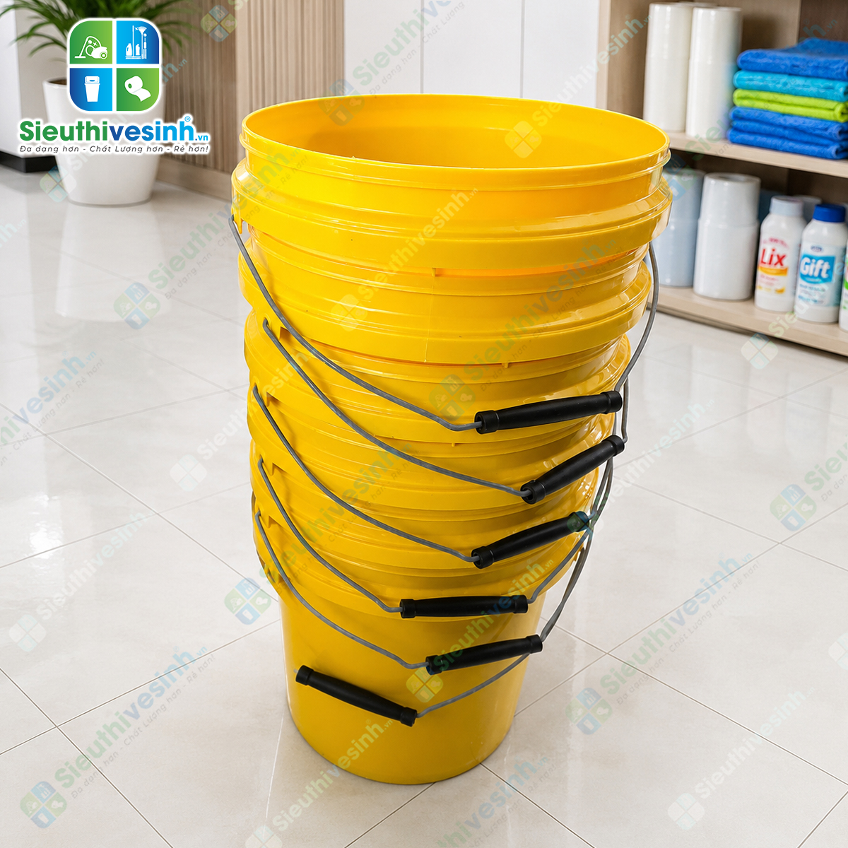Xô nhựa vàng 10L không nắp được làm từ nhựa PP cao cấp, bền chắc, phù hợp sử dụng trong gia đình và vệ sinh công nghiệp.