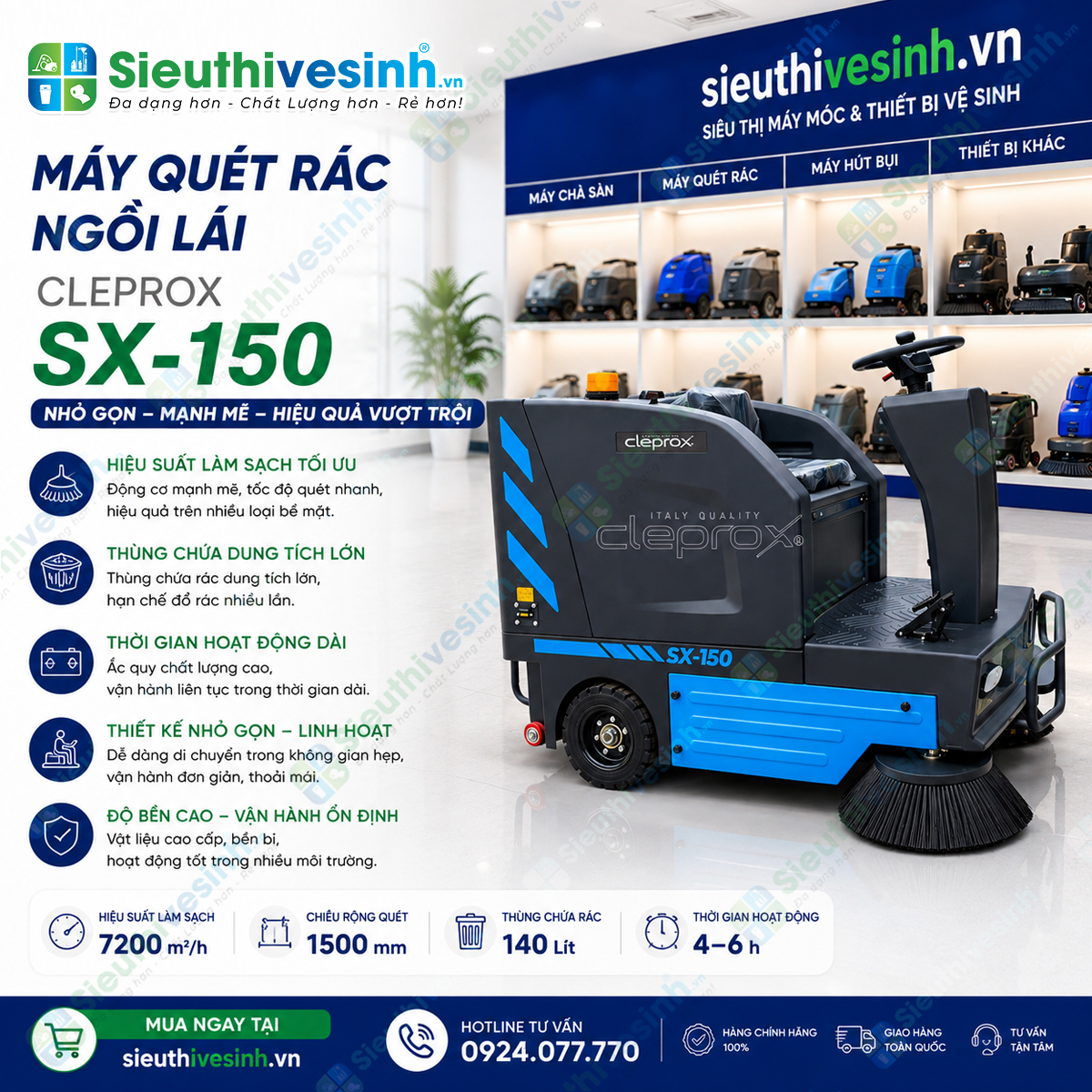 máy quét rác ngồi lái cleprox sx-150
