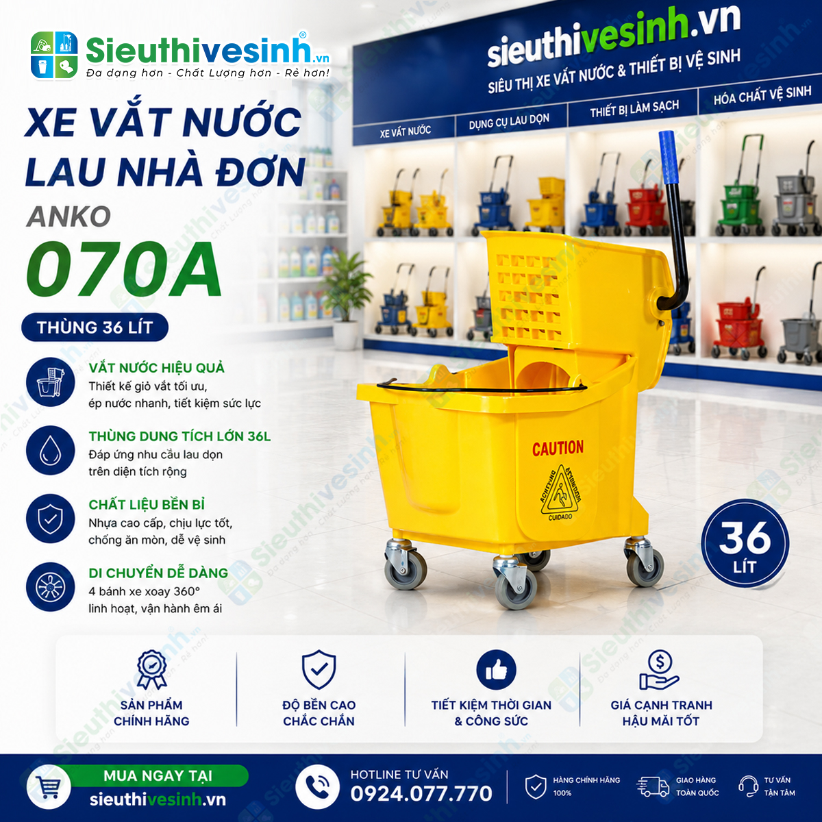 Xô vắt nước, xe vắt nước lau nhà đơn 1 ngăn 36L ANKO-070A