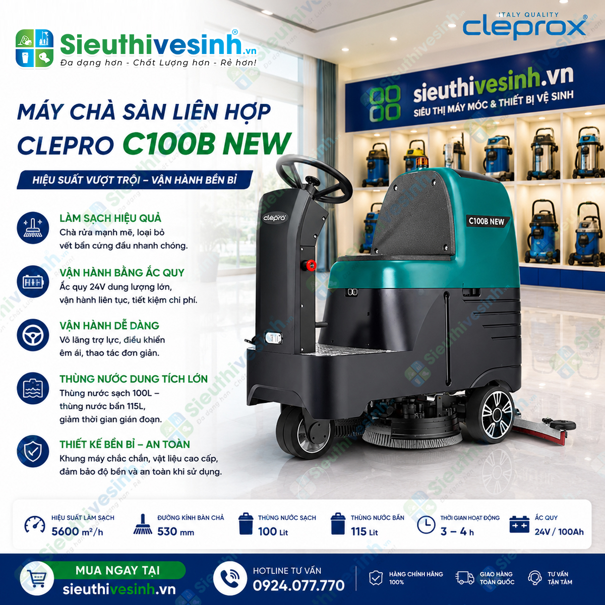 Máy chà sàn công nghiệp ngồi lái CLEPRO C100B New