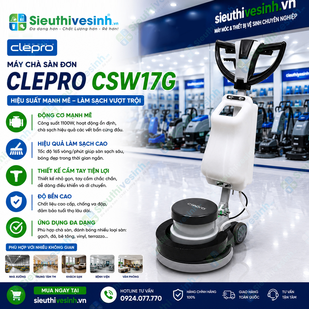Máy chà sàn đơn CLEPRO CSW17G cầm tay