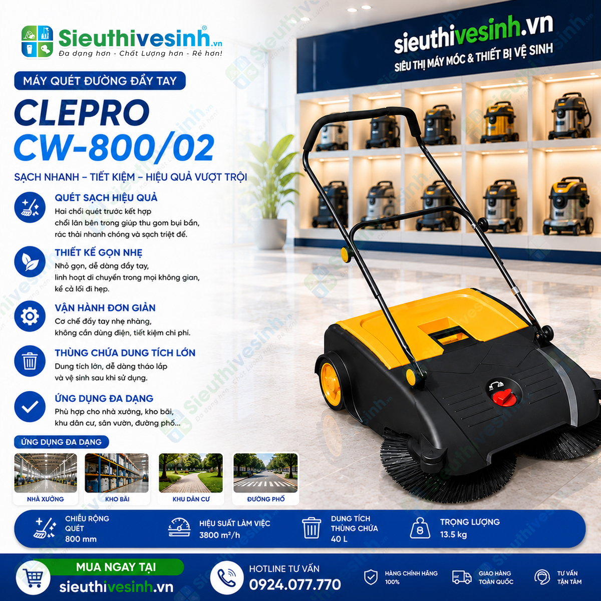 Máy quét đường đẩy tay Clepro CW-800/02