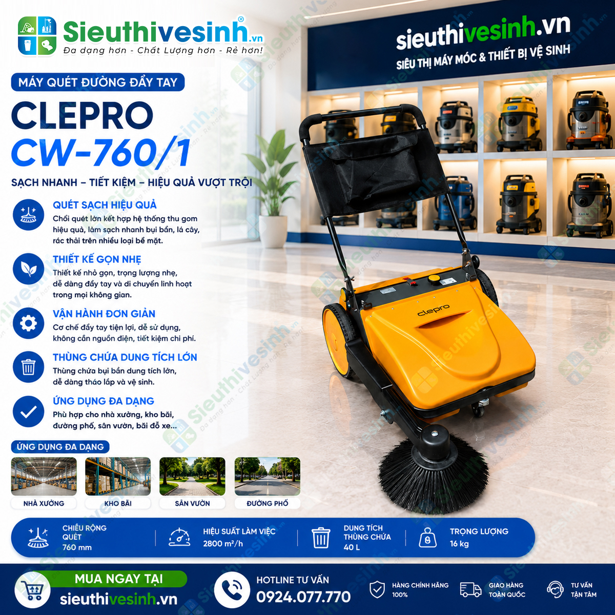 Máy quét đường đẩy tay Clepro CW-760/1