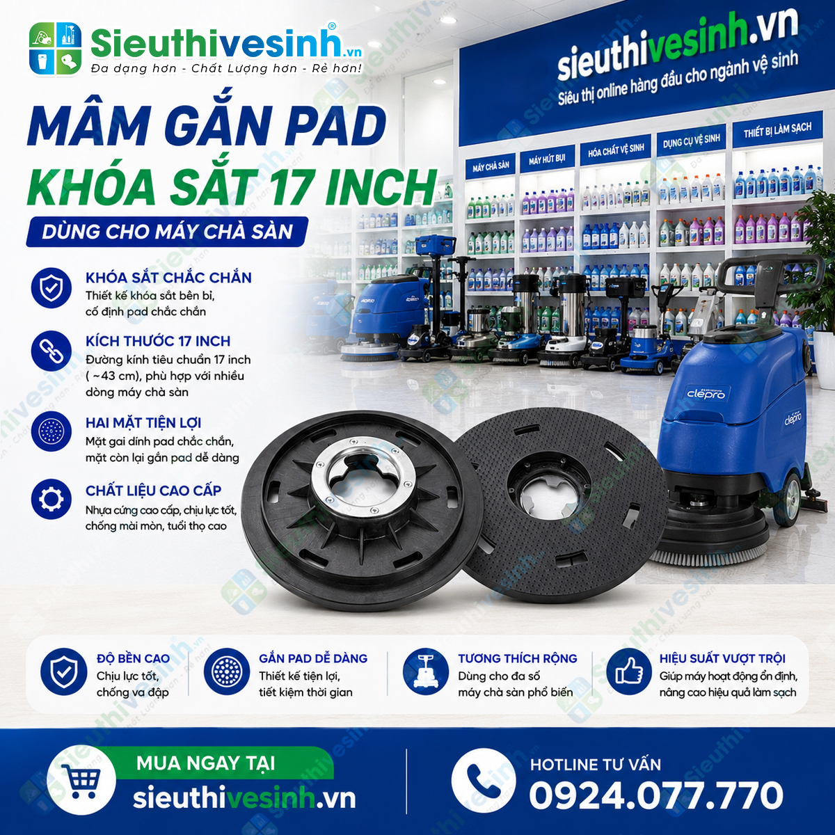 Phụ Kiện Mâm Bàn Chải Chà Sàn Cứng Khóa Sắt 17 Inch Cho Máy Chà Sàn