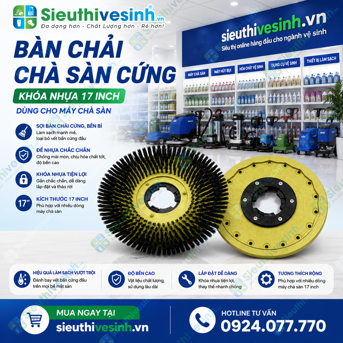 bàn chải chà sàn cứng khóa nhựa 17 inch