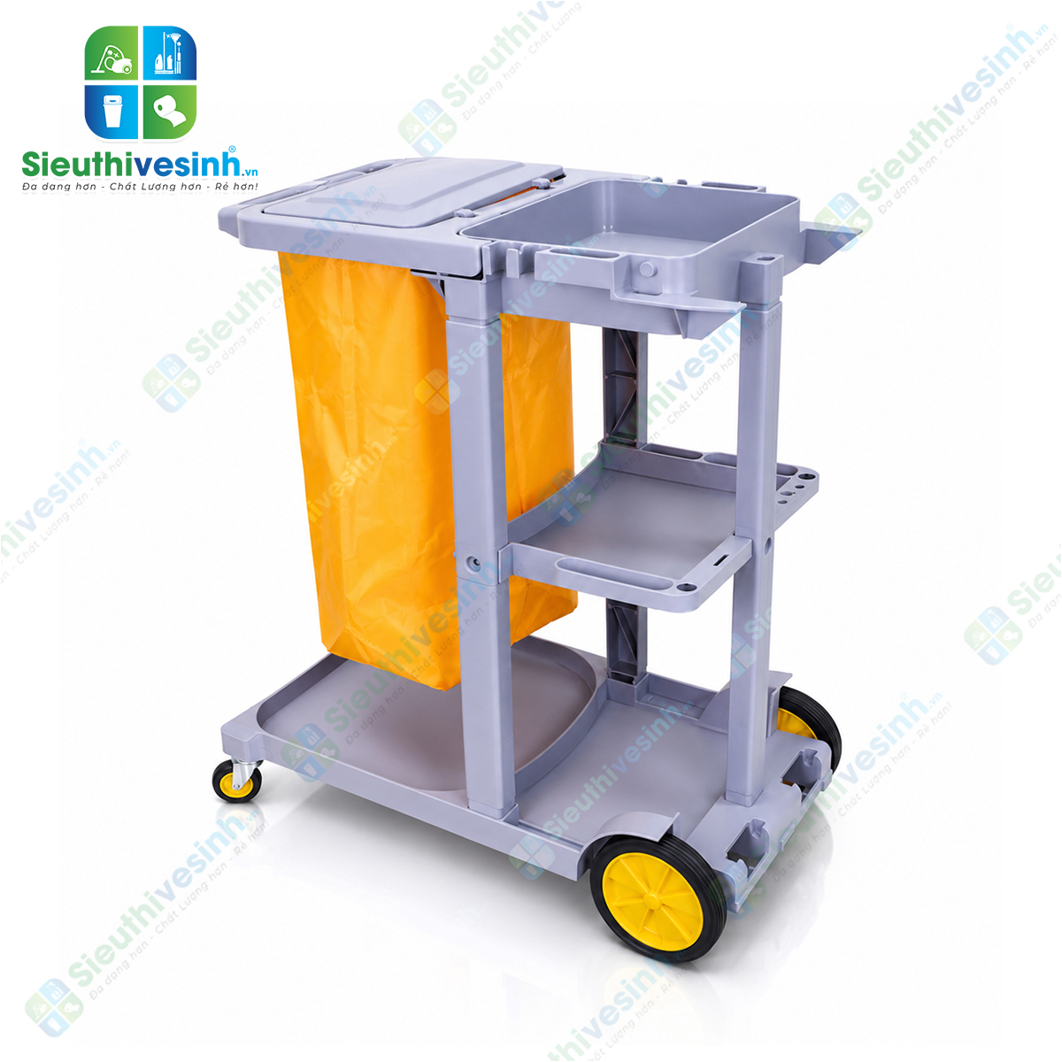 Xe đẩy dọn phòng khách sạn CLEPROX CX3B thiết kế 3 tầng, túi gom rác 68 lít có nắp đậy, giúp tối ưu công việc housekeeping chuyên nghiệp