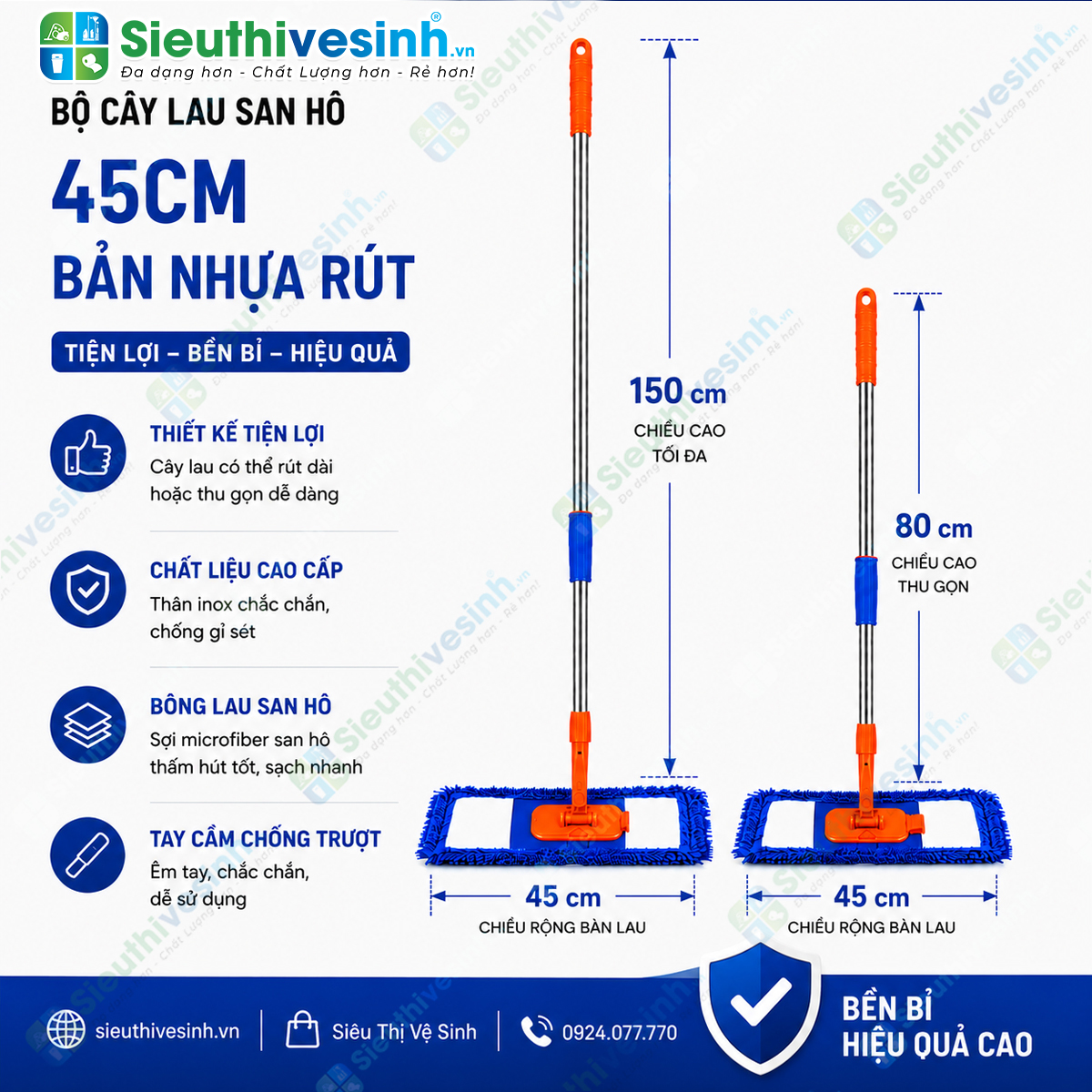 Bộ cây lau san hô 45cm bản nhựa rút kèm miếng lau microfiber siêu thấm hút, giúp lau sàn nhanh sạch và tiết kiệm thời gian vệ sinh.
