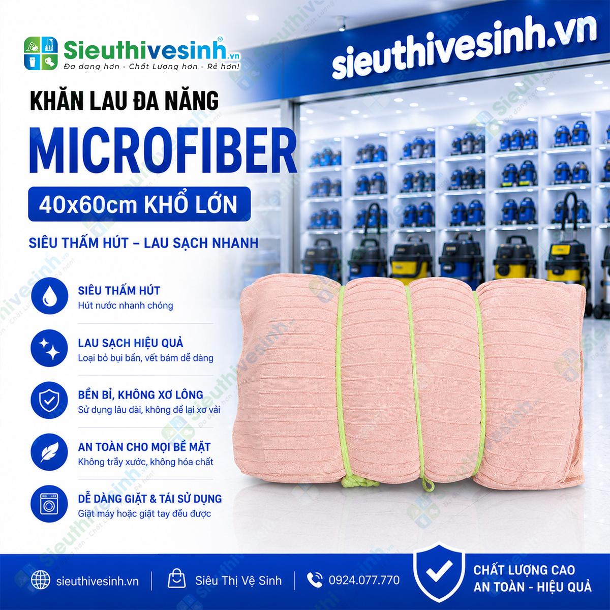 Khăn lau đa năng Microfiber 40x60cm khổ lớn với khả năng thấm hút nước nhanh, không đổ lông, lau sạch hiệu quả trên nhiều bề mặt khác nh