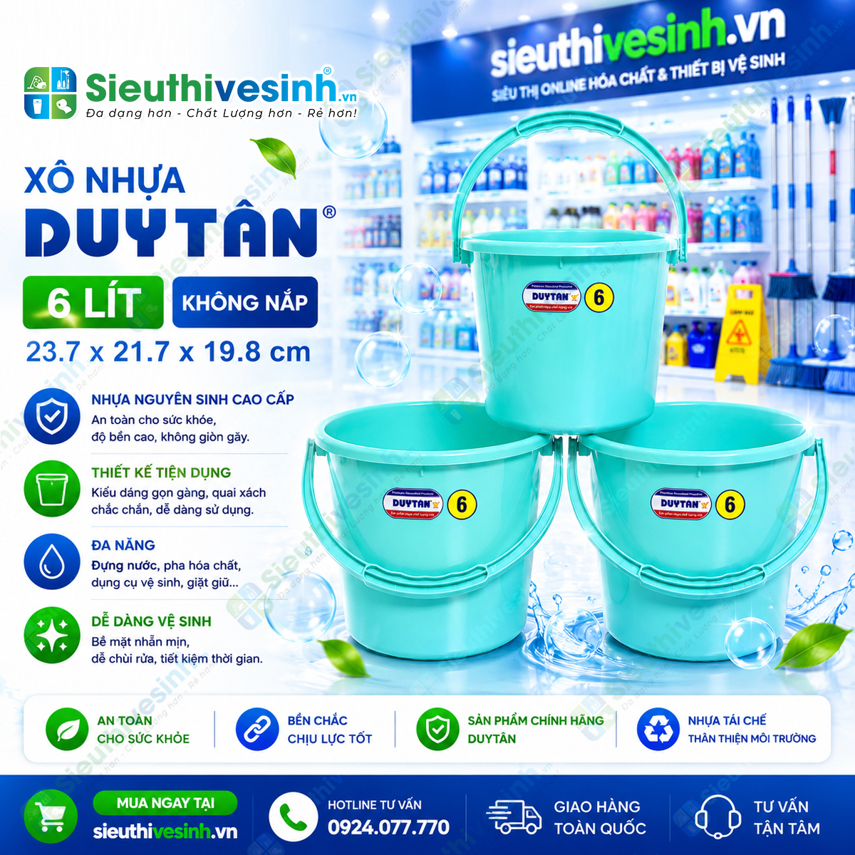 Xô nhựa Duy Tân 6 lít không nắp kích thước 23.7 x 21.7 x 19.8 cm