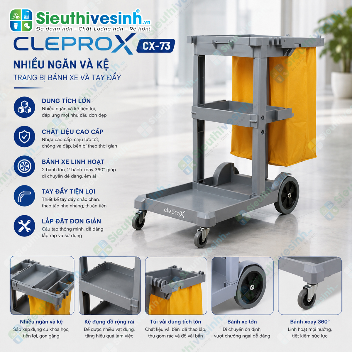 Xe đẩy dọn phòng khách sạn CLEPROX CX-73 thiết kế đa năng với nhiều ngăn chứa đồ và túi gom rác lớn, phù hợp cho công việc housekeeping chuyên nghiệp.