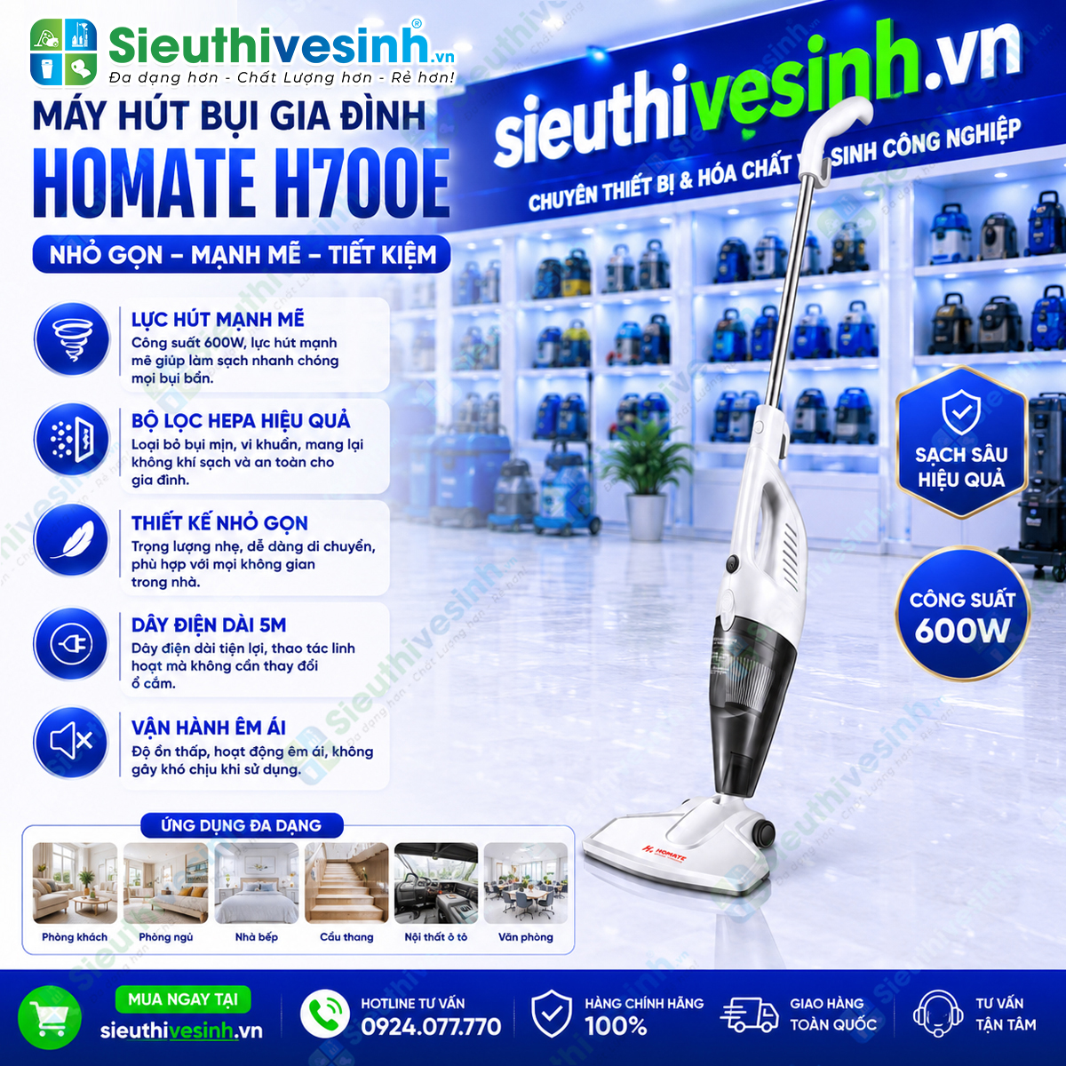 Máy hút bụi HOMATE H700E thiết kế nhỏ gọn, lực hút mạnh 18.000Pa, phù hợp cho gia đình, căn hộ và văn phòng