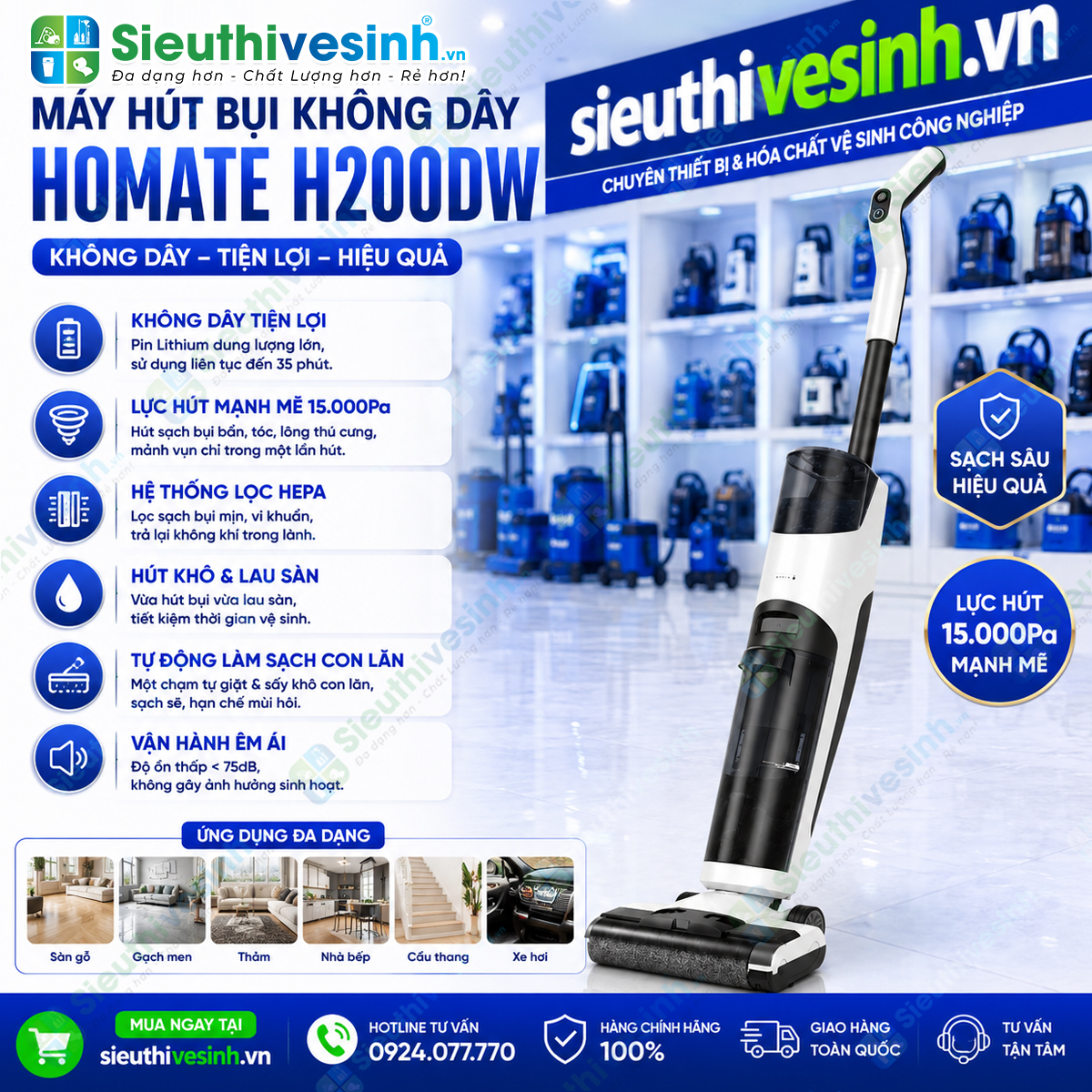 Máy hút bụi lau nhà không dây HOMATE H200DW tích hợp chức năng hút bụi và lau sàn trong cùng một thiết bị, giúp làm sạch nhanh chóng và tiện lợi.
