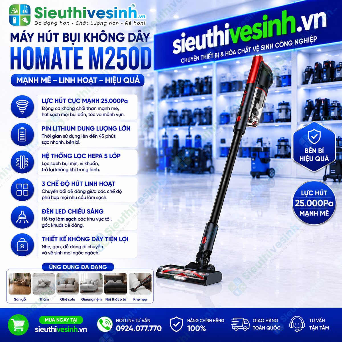 Máy hút bụi không dây HOMATE M250D sở hữu lực hút mạnh 25.000Pa, động cơ BLDC không chổi than và bộ lọc HEPA cao cấp