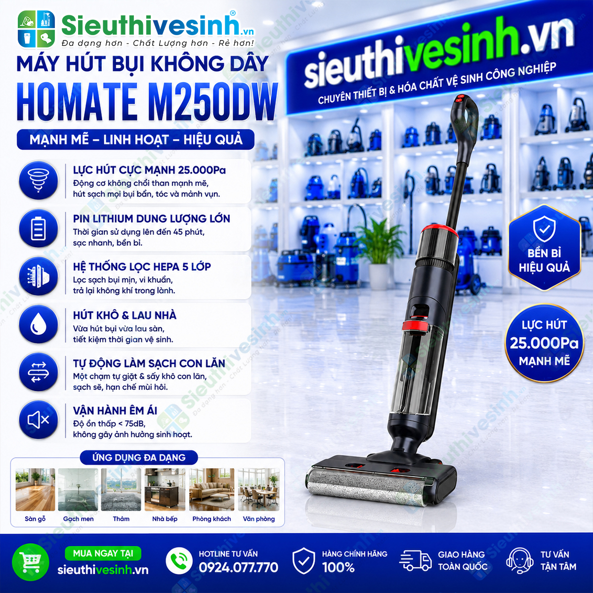 Máy hút bụi lau nhà HOMATE M250DW tích hợp hút bụi và lau sàn đồng thời, giúp tiết kiệm thời gian vệ sinh và nâng cao hiệu quả làm sạch