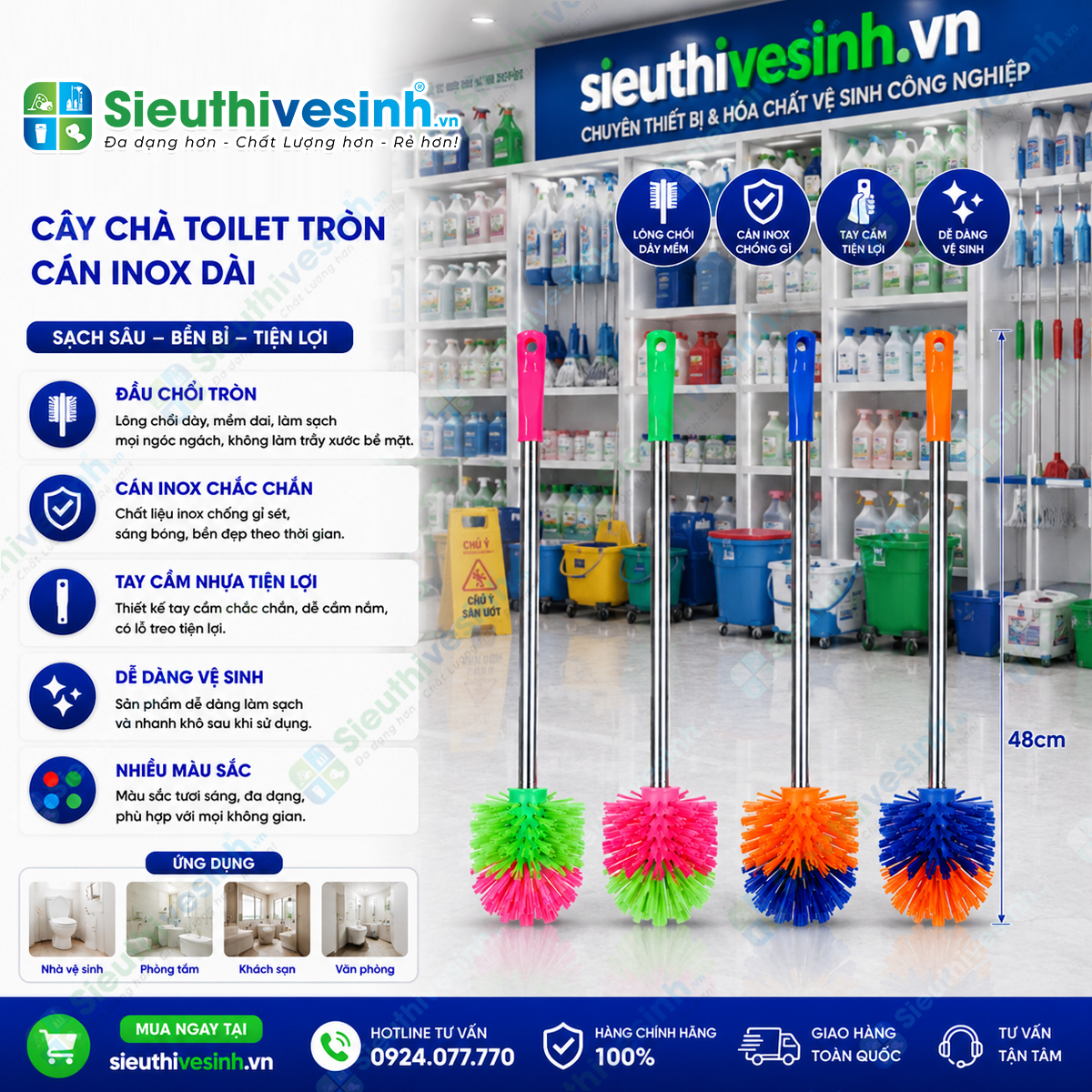 Cây chà toilet tròn cán inox dài với đầu cước bền chắc giúp làm sạch bồn cầu và khu vực vệ sinh nhanh chóng, hiệu quả