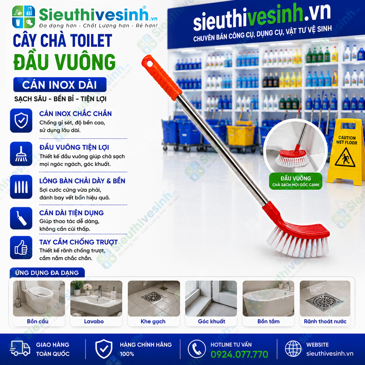 Cây chà toilet tròn cán inox dài với đầu cước bền chắc giúp làm sạch bồn cầu và khu vực vệ sinh nhanh chóng, hiệu quả.