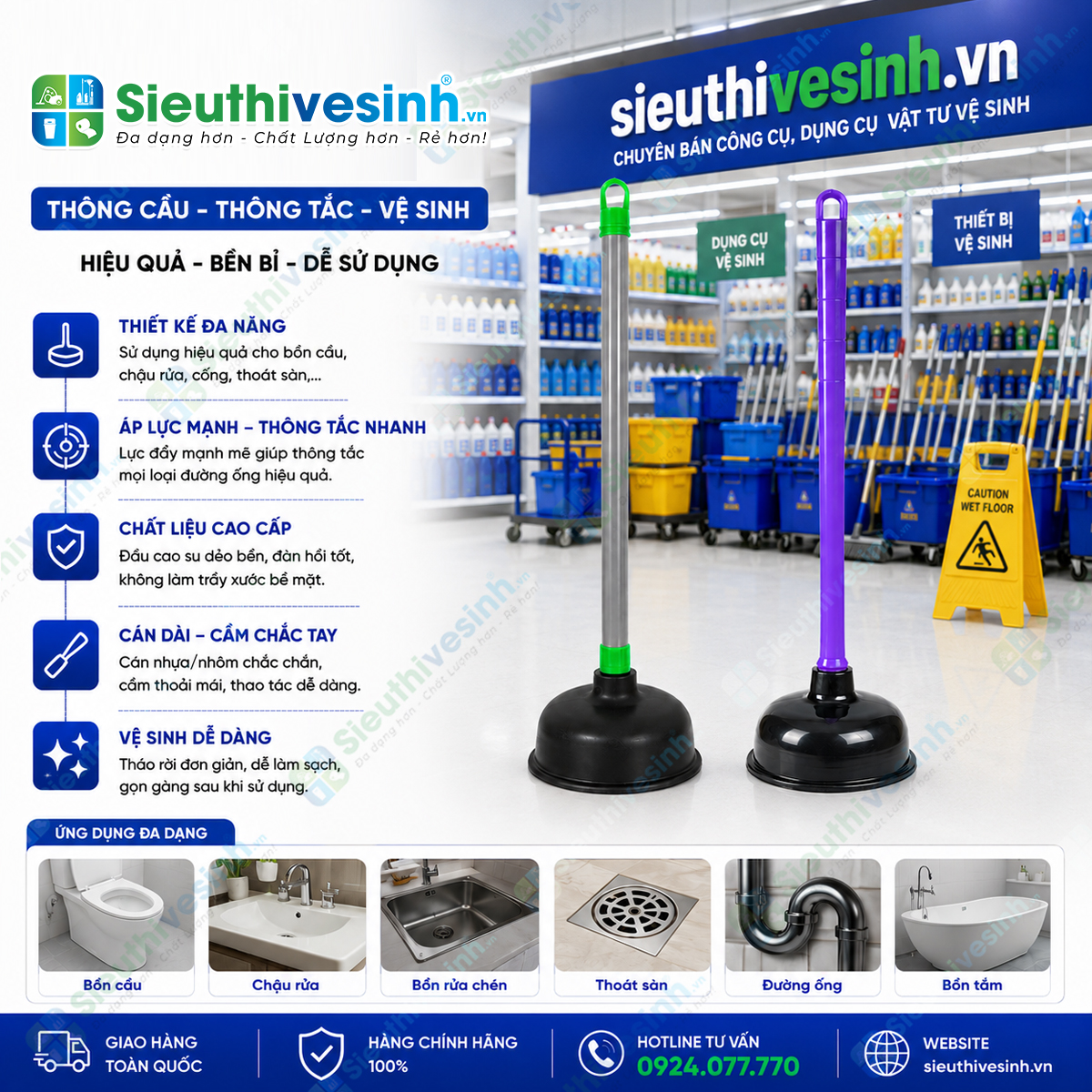 Cây thụt bồn cầu đa năng giúp xử lý nhanh các tình trạng nghẹt bồn cầu, lavabo và đường ống thoát nước mà không cần sử dụng hóa chất.