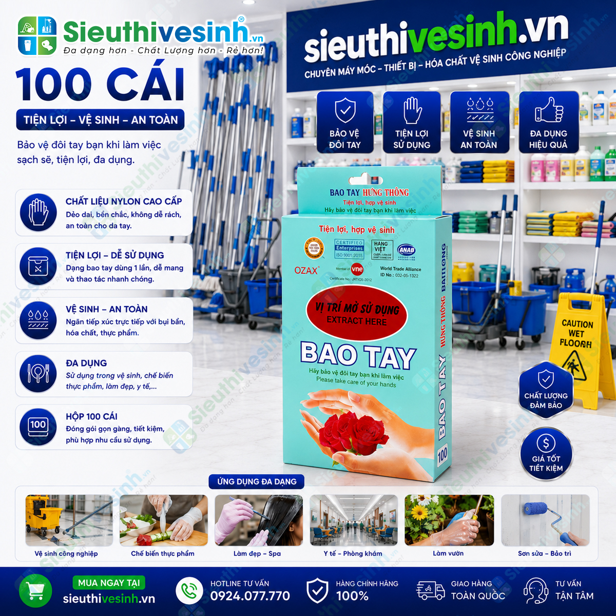 Bao tay nylon Hưng Thông hộp 100 cái được sản xuất từ nhựa nguyên sinh, an toàn và tiện lợi cho chế biến thực phẩm, vệ sinh và công việc hàng ngày.