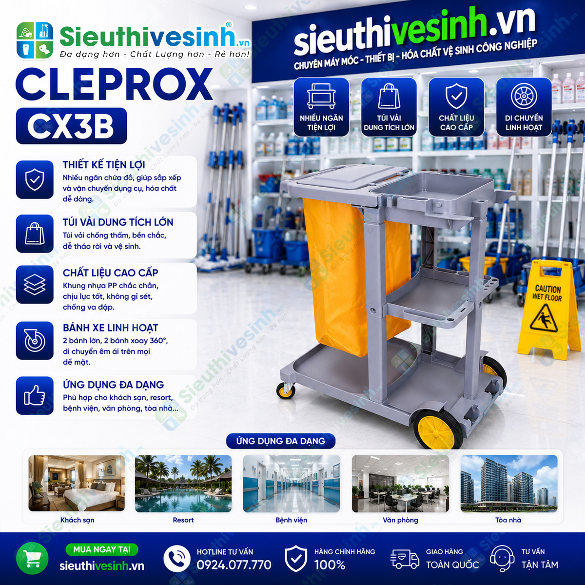 Xe đẩy dọn phòng khách sạn CLEPROX CX3B thiết kế 3 tầng, túi gom rác 68 lít có nắp đậy, giúp tối ưu công việc housekeeping chuyên nghiệp.