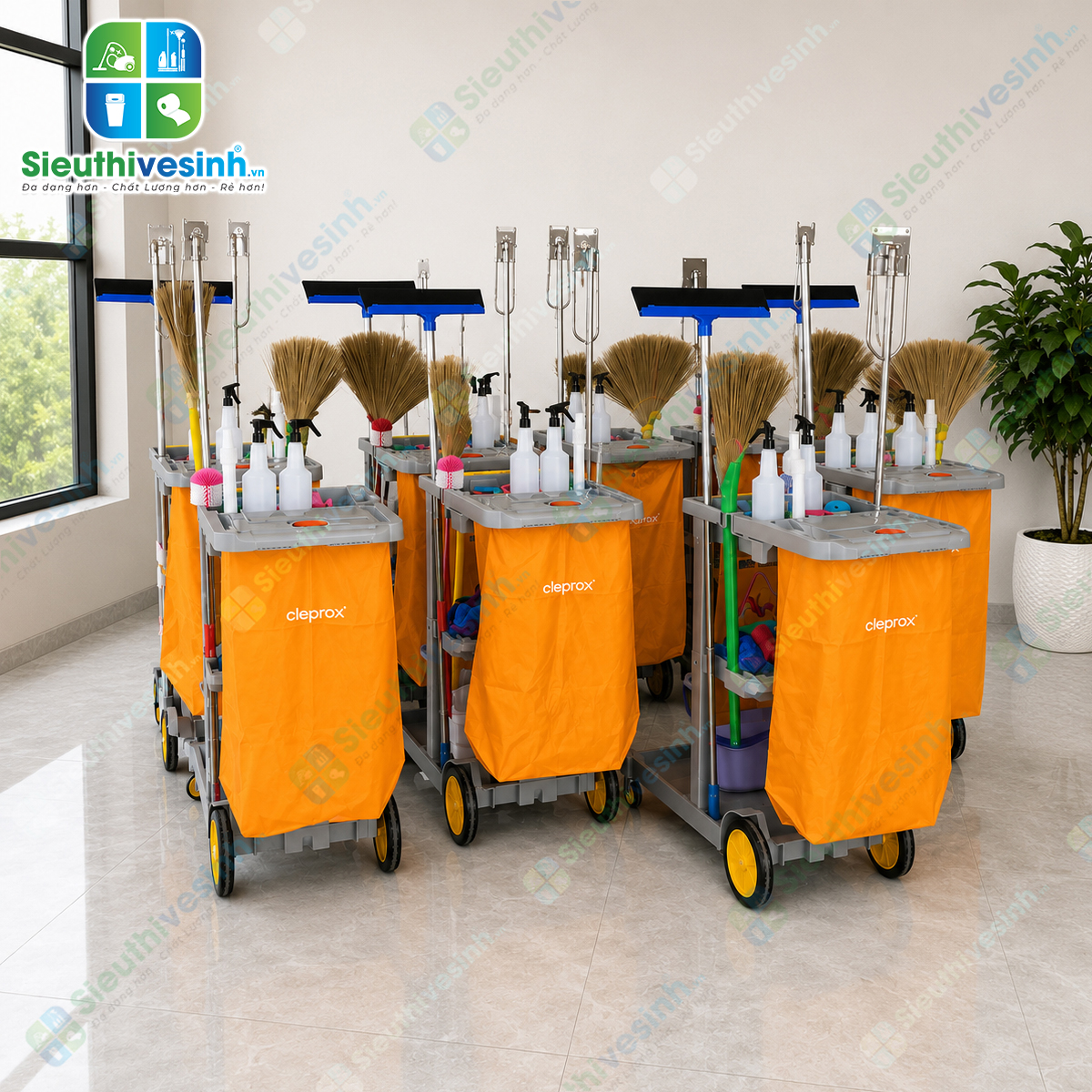 Xe đẩy dọn phòng khách sạn CLEPROX CX3B thiết kế 3 tầng, túi gom rác 68 lít có nắp đậy, giúp tối ưu công việc housekeeping chuyên nghiệp