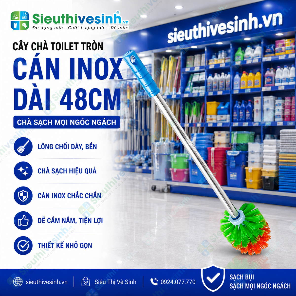 Cây chà toilet tròn cán inox dài với đầu cước bền chắc giúp làm sạch bồn cầu và khu vực vệ sinh nhanh chóng, hiệu quả