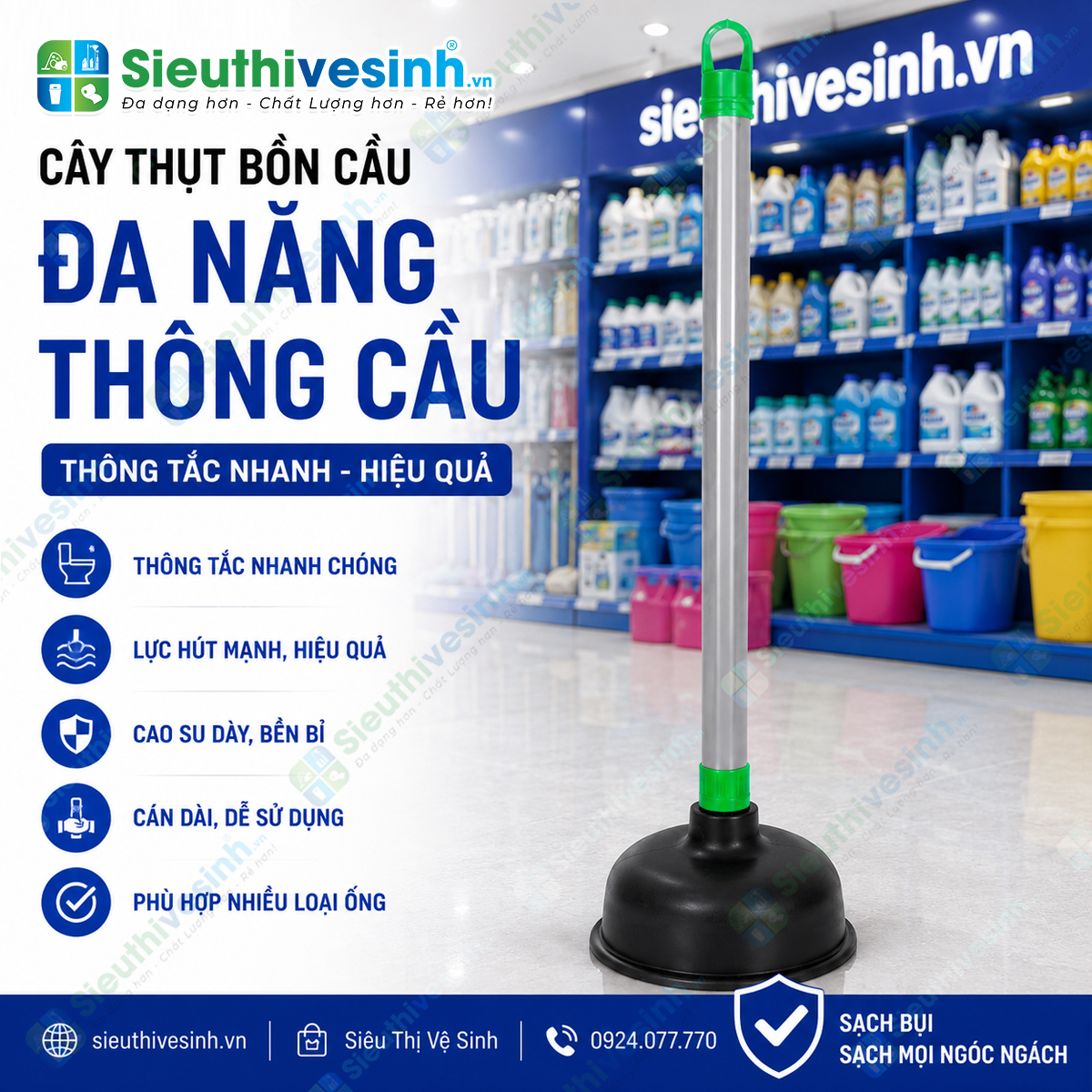 Cây thụt bồn cầu đa năng giúp xử lý nhanh các tình trạng nghẹt bồn cầu, lavabo và đường ống thoát nước mà không cần sử dụng hóa chất.