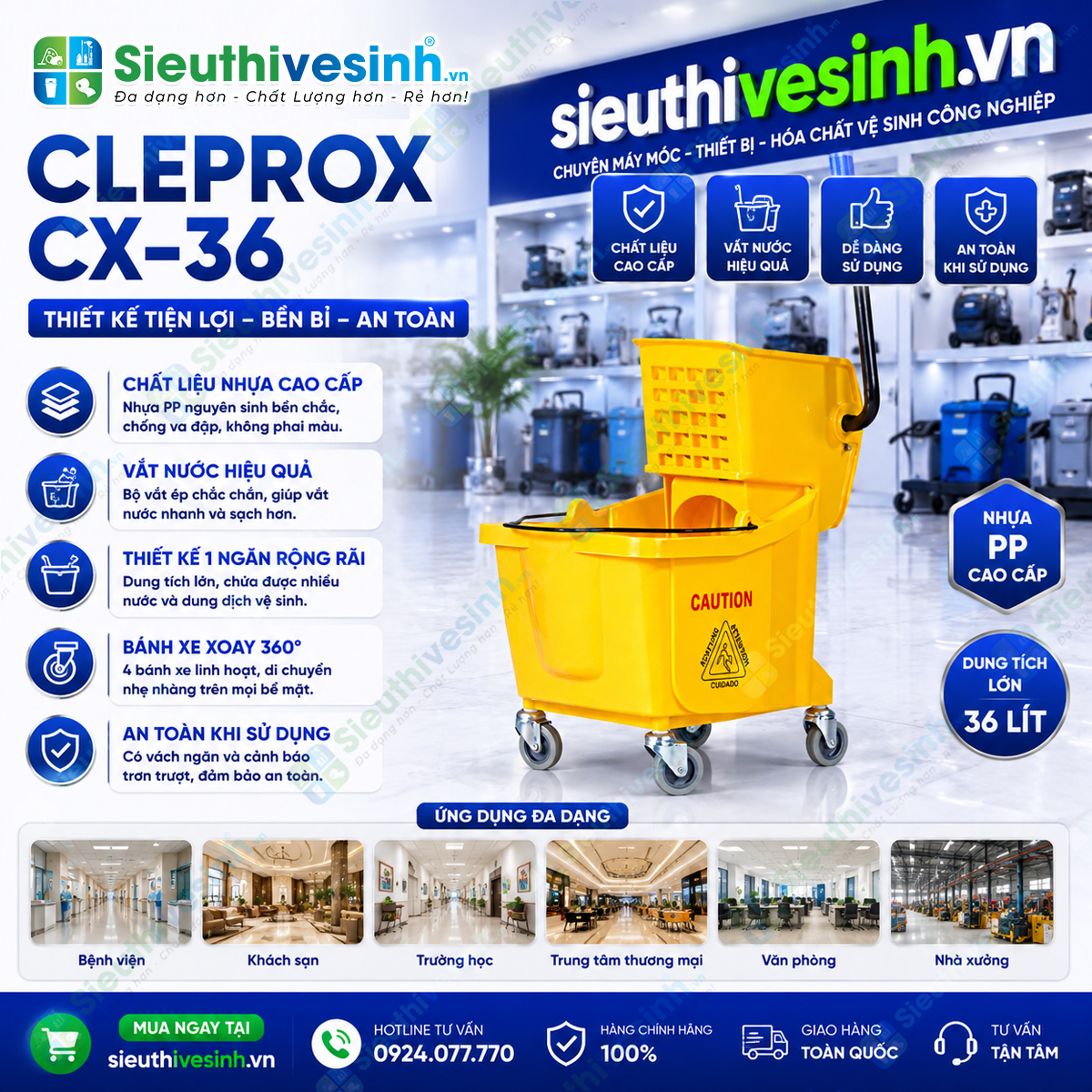 Xe đẩy vắt cây lau nhà CLEPROX CX-36 dung tích 36 lít, thiết kế chắc chắn, phù hợp cho khách sạn, bệnh viện, trường học và công ty vệ sinh công nghiệp.