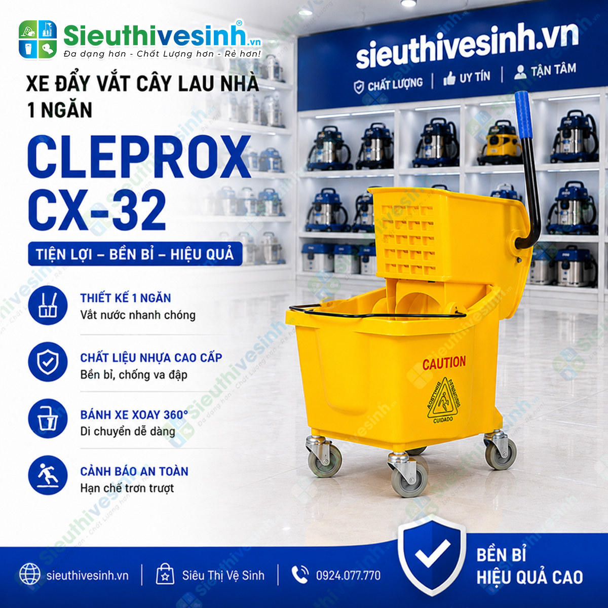 Xe đẩy vắt cây lau nhà CLEPROX CX-32 dung tích 32 lít, nhựa ABS cao cấp, bộ ép nước chắc chắn, phù hợp cho vệ sinh công nghiệp và thương mại.