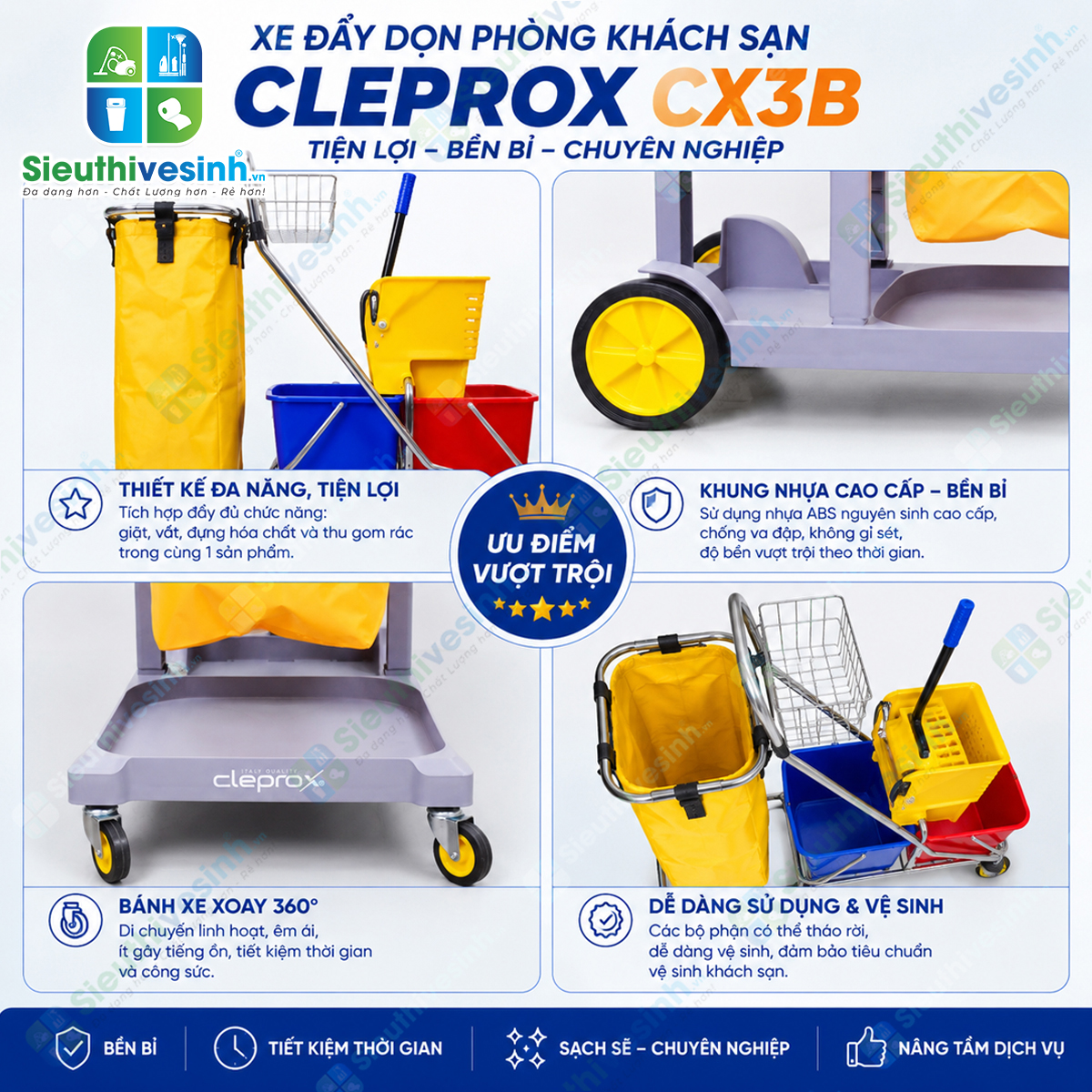 Xe đẩy dọn phòng khách sạn CLEPROX CX3B thiết kế 3 tầng, túi gom rác 68 lít có nắp đậy, giúp tối ưu công việc housekeeping chuyên nghiệp.