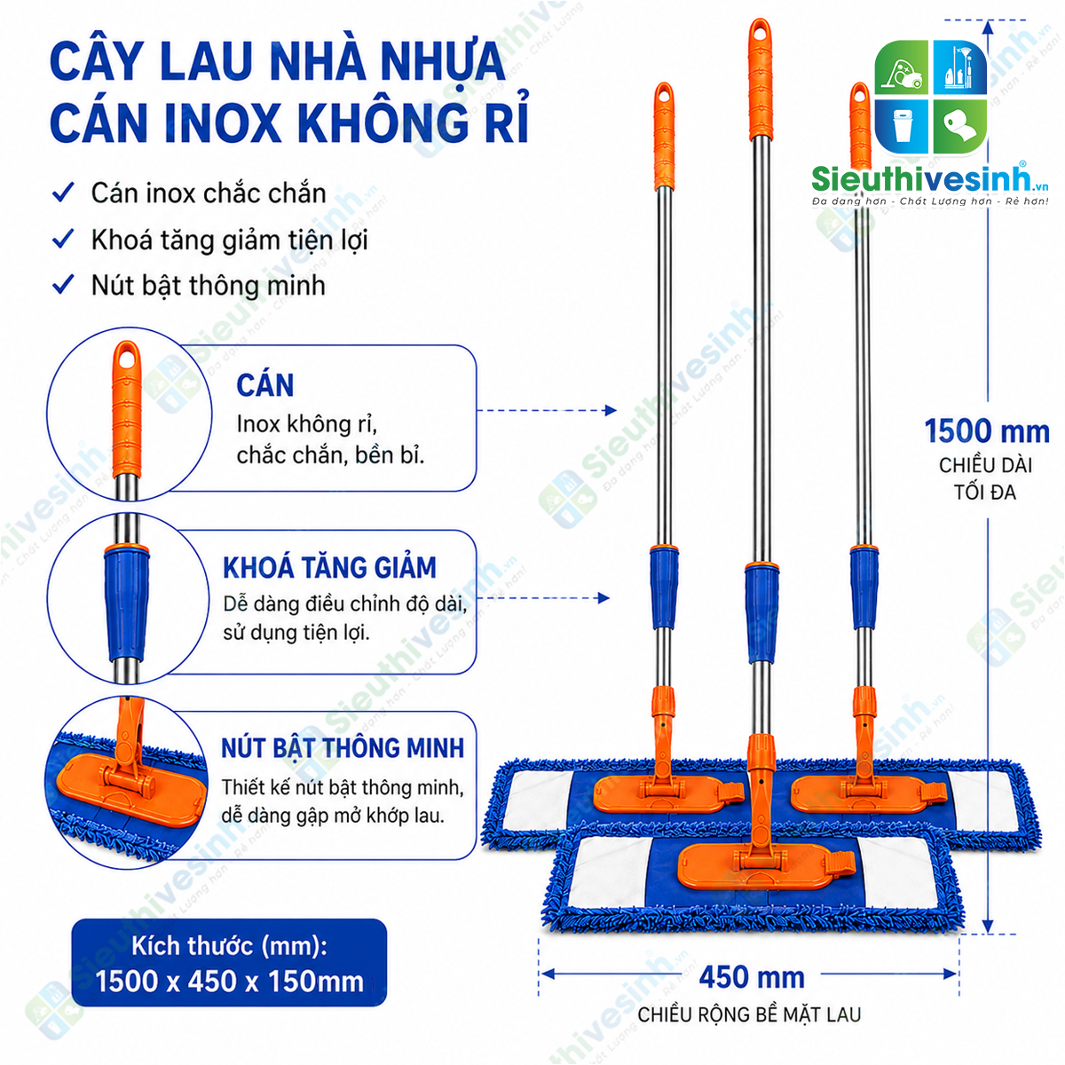 Bộ cây lau san hô 45cm bản nhựa rút kèm miếng lau microfiber siêu thấm hút, giúp lau sàn nhanh sạch và tiết kiệm thời gian vệ sinh.