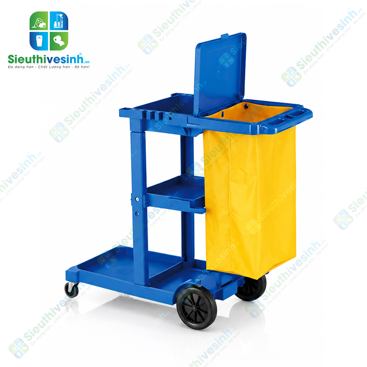 Xe đẩy dọn phòng khách sạn CLEPROX CX-73 thiết kế đa năng với nhiều ngăn chứa đồ và túi gom rác lớn, phù hợp cho công việc housekeeping chuyên nghiệp.