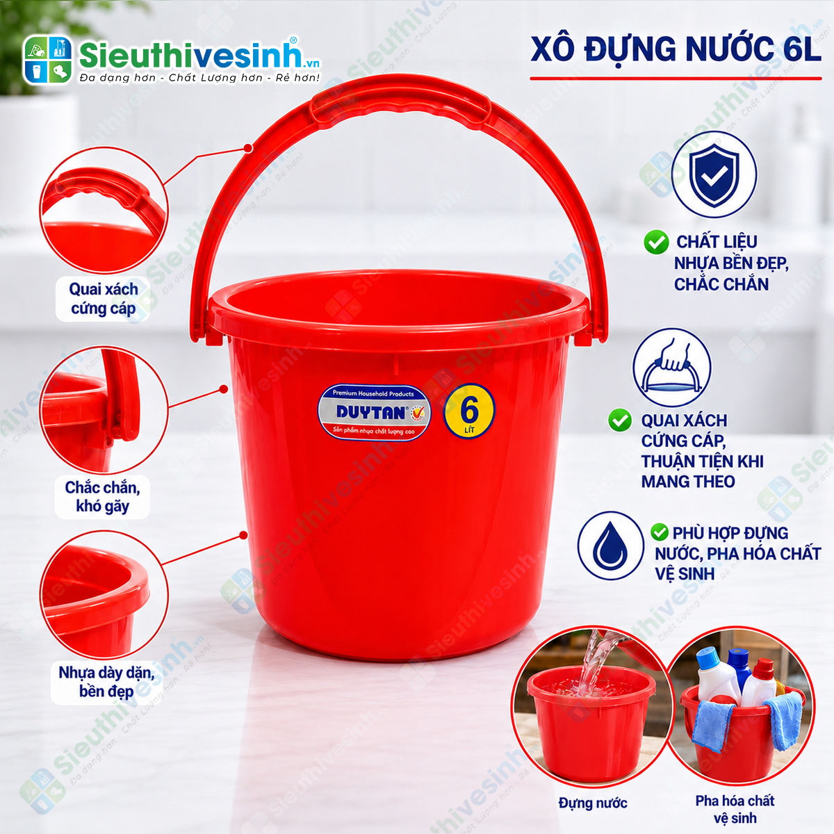 Xô nhựa Duy Tân 6 lít không nắp kích thước 23.7 x 21.7 x 19.8 cm