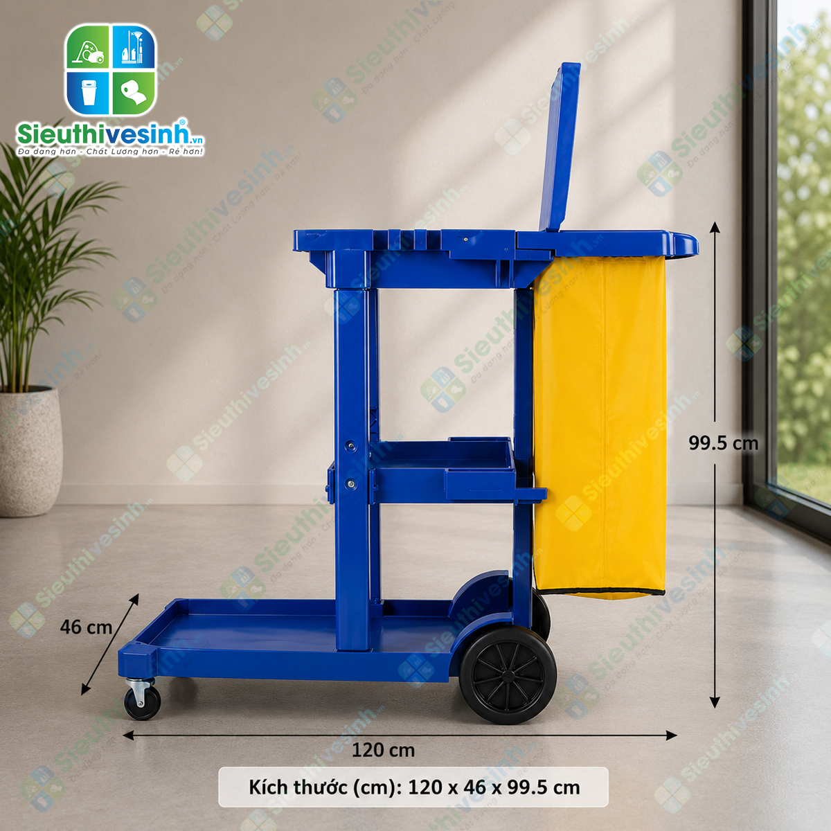 Xe đẩy dọn phòng khách sạn CLEPROX CX-73 thiết kế đa năng với nhiều ngăn chứa đồ và túi gom rác lớn, phù hợp cho công việc housekeeping chuyên nghiệp.