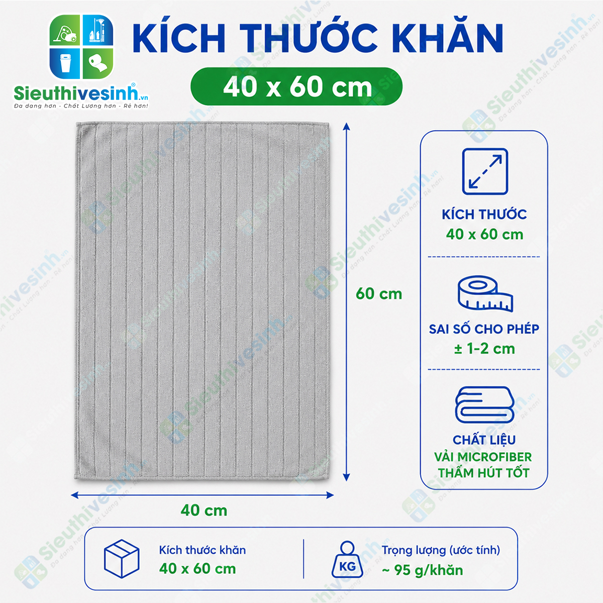 Khăn lau đa năng Microfiber 40x60cm khổ lớn với khả năng thấm hút nước nhanh, không đổ lông, lau sạch hiệu quả trên nhiều bề mặt khác nh