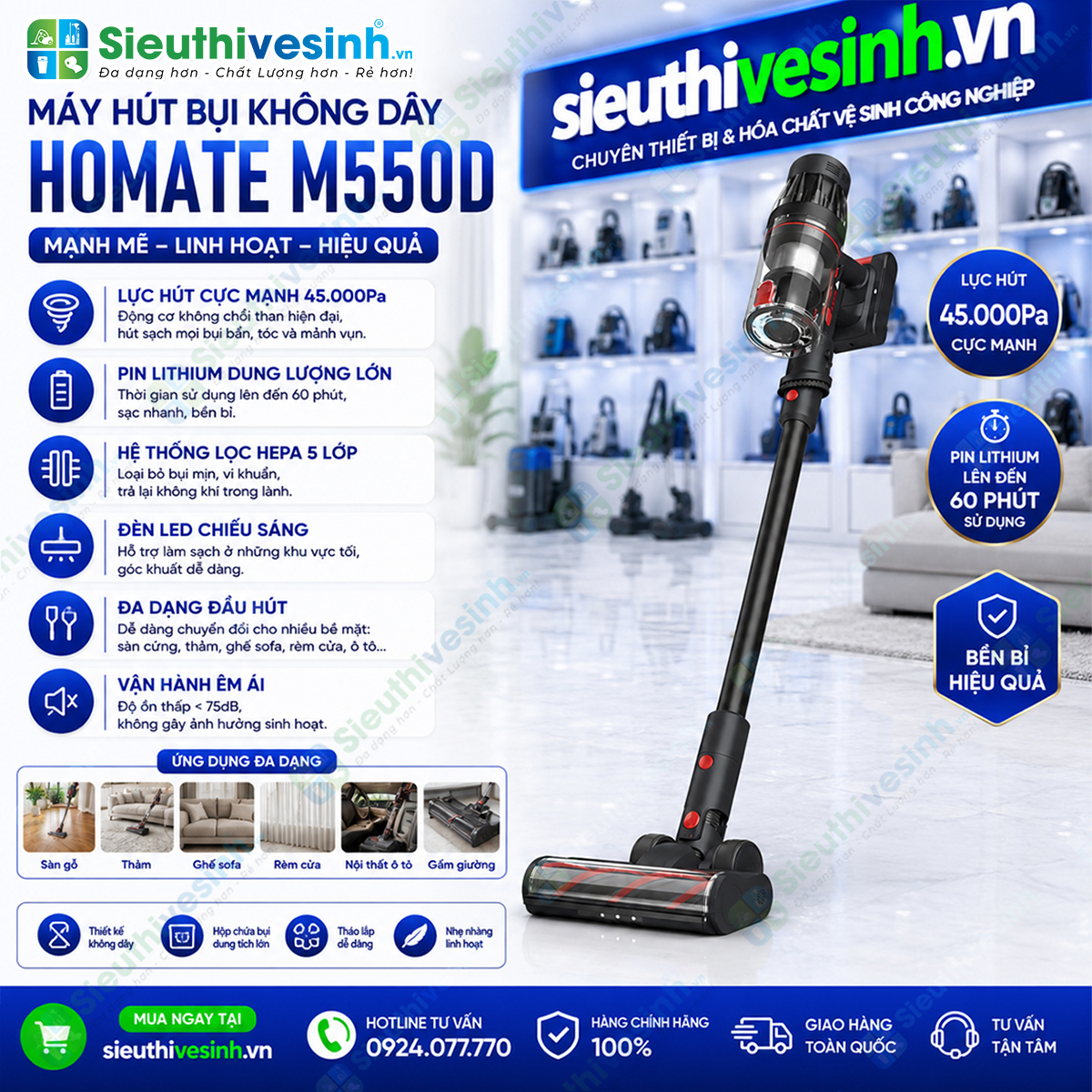 Máy hút bụi không dây HOMATE M550D sở hữu công suất 550W, lực hút mạnh 38.000Pa và thời gian hoạt động lên đến 60 phút.