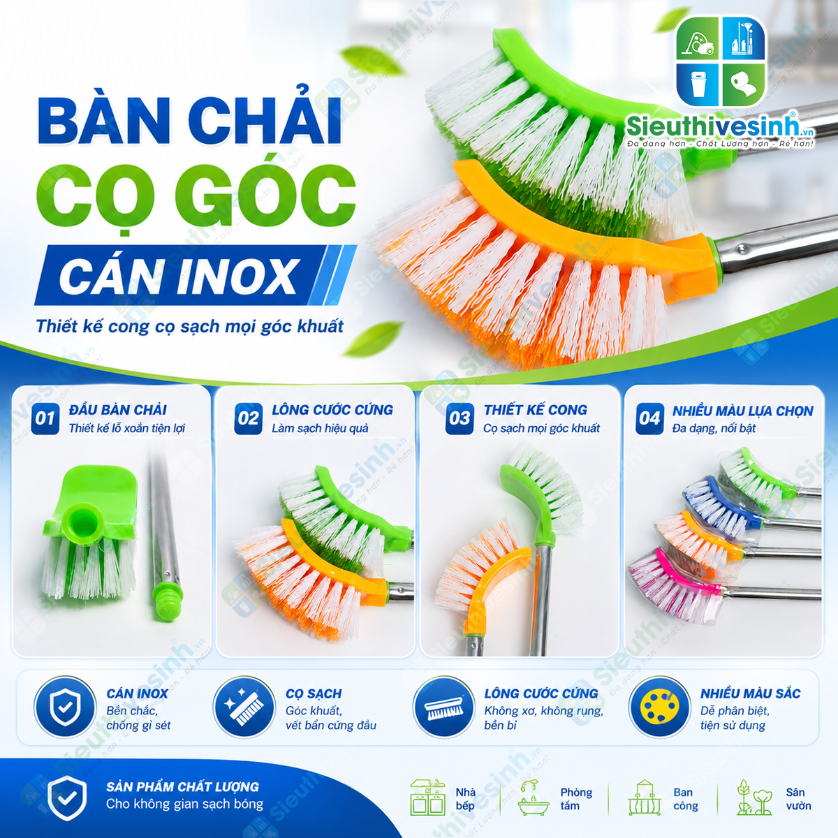 Cây chà toilet tròn cán inox dài với đầu cước bền chắc giúp làm sạch bồn cầu và khu vực vệ sinh nhanh chóng, hiệu quả.