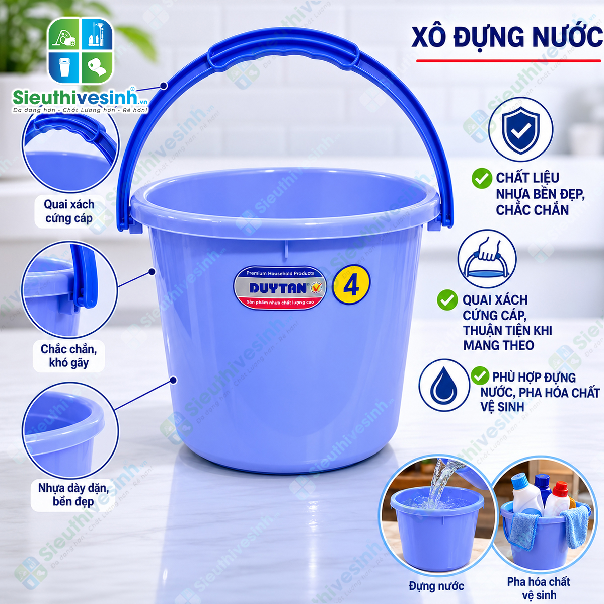 Xô nhựa 4 lít Duy Tân không nắp được sản xuất từ nhựa PP cao cấp, bền chắc, phù hợp sử dụng trong gia đình, khách sạn, nhà hàng và công việc vệ sinh công nghiệp