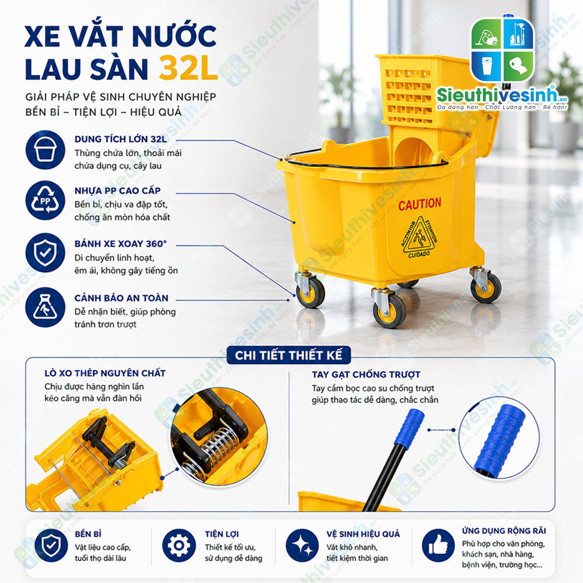 Xe đẩy vắt cây lau nhà CLEPROX CX-32 dung tích 32 lít, nhựa ABS cao cấp, bộ ép nước chắc chắn, phù hợp cho vệ sinh công nghiệp và thương mại.