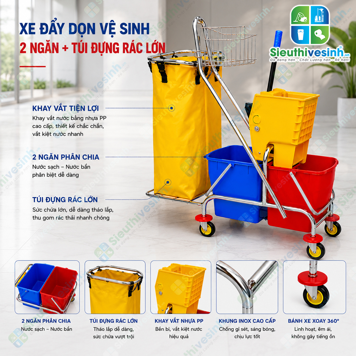 Xe vắt nước 2 ngăn CLEPROX CX-58B tích hợp túi đựng rác lớn, giúp lau sàn và thu gom rác đồng thời, nâng cao hiệu quả vệ sinh chuyên nghiệp.