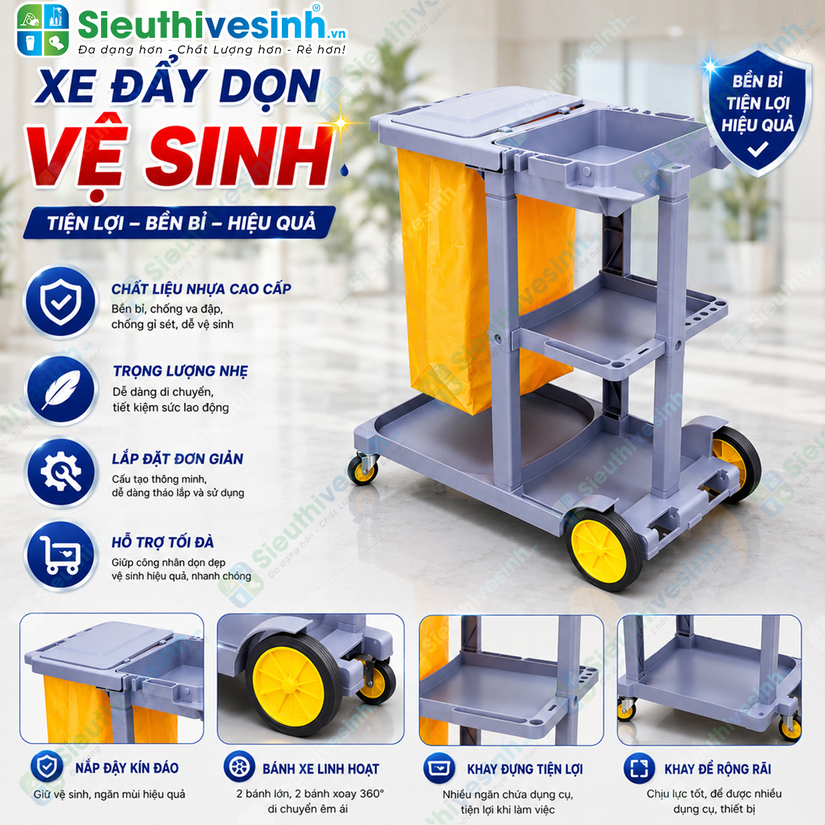 Xe đẩy dọn phòng khách sạn CLEPROX CX3B thiết kế 3 tầng, túi gom rác 68 lít có nắp đậy, giúp tối ưu công việc housekeeping chuyên nghiệp.